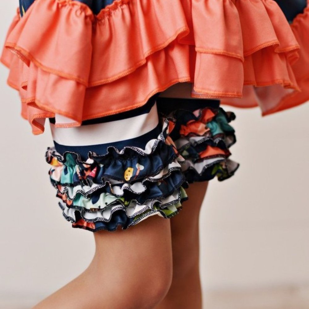 Navy & Coral Print Top With Rosette Detail And Ruffle Shorts - Picture 2 of 13